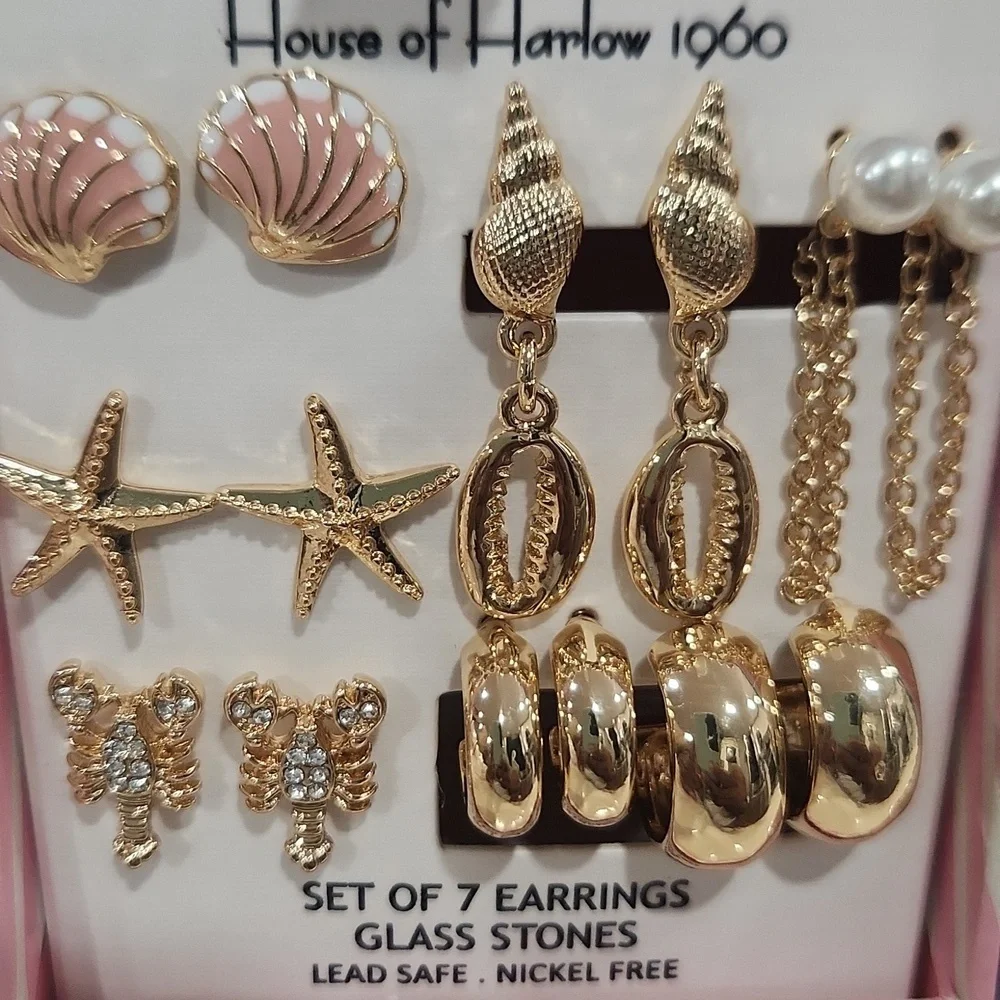 💛▪️House of Harlow  ▪️Nautical Gold Fish Shells Collection Of 7 Pairs Earrings